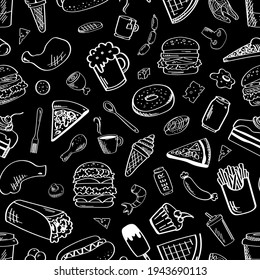 Food, seamless pattern. Vector illustration on a black background.