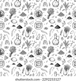 Food seamless pattern. Vector illustration in sketch style. Vintage background for restaurant menu and decoration