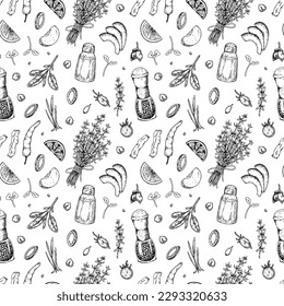 Food seamless pattern. Vector illustration in sketch style. Vintage background for restaurant menu and decoration