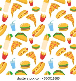 Food seamless pattern vector illustration junk food illustration with pizza, burger, french fries and hot dog.