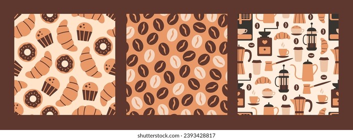 Food Seamless Patterns set with coffee. Modern endless backgrounds collection with confectionery, bakery products, beans, mugs, cups, items, tools. Repeat vector illustration