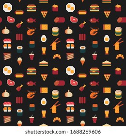 Food seamless pixel art pattern, fabric textures, isolated vector illustration. Fast food, seafood, meat, rolls and sushi. Design for stickers, logo, mobile app. Game assets 80s 8-bit sprite sheet. 