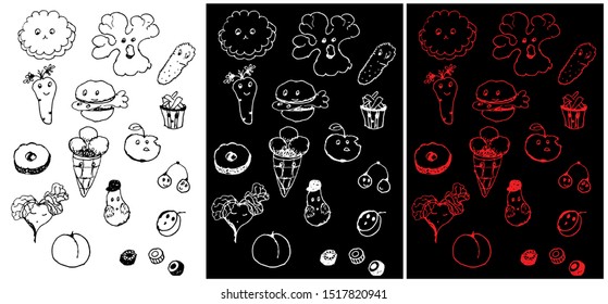  Fast food Seamless, quick snacks, black and white vegetable set, vector illustration