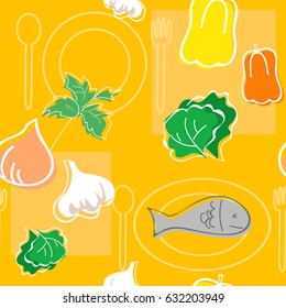 Food seamless texture: dishes, forks, spoons and several ingredients.