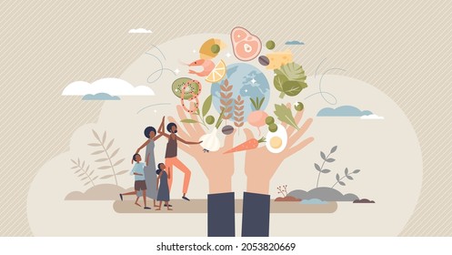 Food security as access to sufficient or quality products tiny person concept. Global international needs and right to eat safe meal vector illustration. Ability to get vegetables for balanced diet.