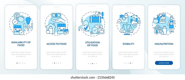 Food security basic definitions blue onboarding mobile app screen. Walkthrough 5 steps graphic instructions pages with linear concepts. UI, UX, GUI template. Myriad Pro-Bold, Regular fonts used