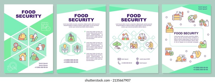 Food security brochure template. Accessible and affordable food. Leaflet design with linear icons. 4 vector layouts for presentation, annual reports. Arial-Black, Myriad Pro-Regular fonts used