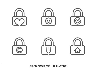 Food Security, food safety. Access, approved, password encryption. Safe romance, heart shaped keyhole. Copyright, private information locker. Child lock, protection. Security house lock. Icon set