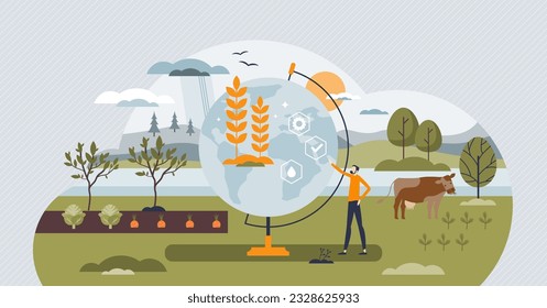 Food security and safety check for healthy grocery eating tiny person concept. Meat, grain and vegetable certification to avoid additives, bacteria and hazards vector illustration. Health standards.