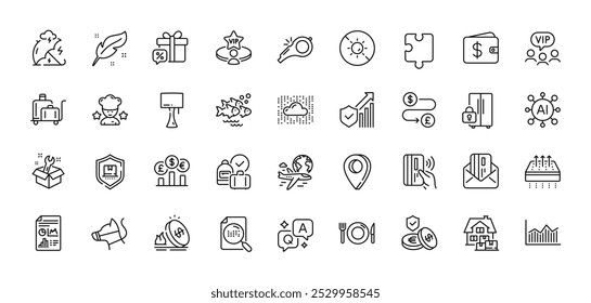 Comida, estatísticas de segurança e Tabela lâmpada linha ícones pacote. AI, Pergunta e Resposta, Mapear ícones de pin. Diagrama de dinheiro, Movimento para casa, Ícone web de transferência de dinheiro. Vetor