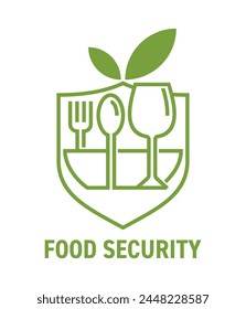 Food security strategy - availability of food in a country or region, ability to access, afford, and source adequate foodstuff. Conceptual emblem in bold line