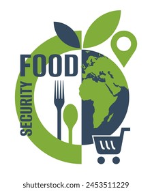 Food security strategy - availability of food in a country or region, ability to access, afford, and source adequate foodstuff. Conceptual emblem in geometric style