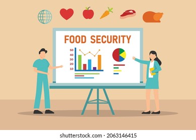 Food security vector concept. Two people looking at food security graph on the whiteboard