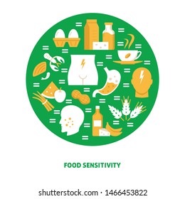 Food sensitivity round concept banner template in flat style with place for text. Poster with allergy symptoms and products symbols. Vector illustration.