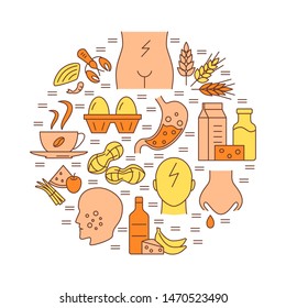 Food sensitivity round concept poster template in line style. Banner with allergy symptoms and products symbols. Vector illustration.