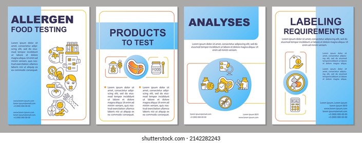 Food sensitivity test blue brochure template. Labeling requirements. Leaflet design with linear icons. 4 vector layouts for presentation, annual reports. Arial, Myriad Pro-Regular fonts used