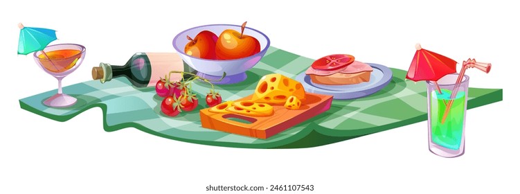 Food served on picnic blanket isolated on white background. Vector cartoon illustration of fruit, sandwich, cocktail glasses, wine bottle, cheese on green checkered mat, outdoor dinner design element