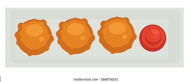 Food served on plate with ketchup or barbeque sauce. Meatballs dish of western culture cuisine. Piquant flavor of meal. Appetizer or home snack. Recipe for restaurant menu. Vector in flat style