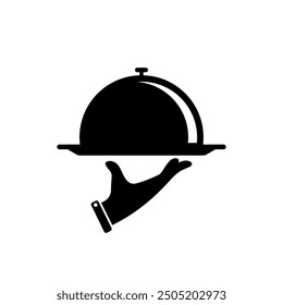 Food server black and white flat vector icon design. Tray on hand icon and symbol