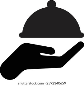 Food server icon . Waiter hand holding cloche serving plate icon . Dinner server symbol. Vector Illustration