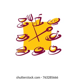 Food service. Clock time to eat. Design element for advertising cafe, restaurant, menu, bar.  