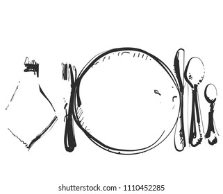 Food service equipment sketch. Romantic hand drawn dinner cafe utensils isolated on white background. Vector illustration