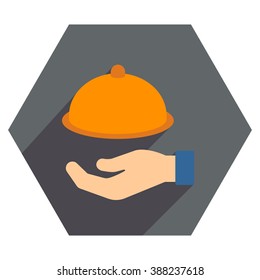 Food Service long shadow vector icon. Style is a flat symbol on a colored hexagon button with longshadow.
