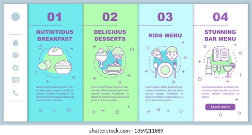 Food service onboarding mobile web pages vector template. Family cafe menu. Responsive smartphone website interface idea with linear illustrations. Webpage walkthrough step screens. Color concept