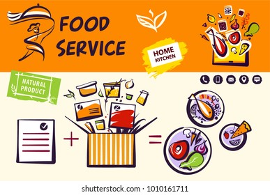 Food service. Open box with recipe ingredient. Homemade cuisine for office. Template image for fast food delivery service. Concept order menu natural product from home kitchen. 