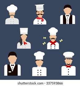 Food service profession flat icons with chefs, bakers in uniform tunics and hats and waiters in elegant vests with tie bows