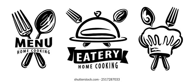 Food service set of symbols badges. Emblems or restaurant menu, cafe. Vector illustration