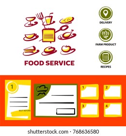 Food service. Template logo, banner, poster design for weight loss diet programm. Clock time to eat with fork and spoon. 