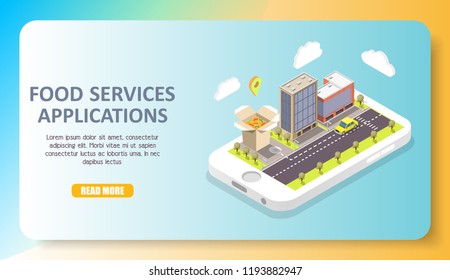 Food services applications web banner, template. Vector isometric smartphone with car going down city street with buildings and takeaway food with map marker on screen, copy space, read more button.
