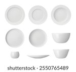 Food serving dishes and plates for meal. Vector isolated set of bowls for soup or sauces. Mockup realistic 3d kitchenware for home or restaurant. Kitchen porcelain for lunch or breakfast