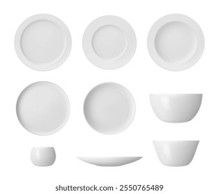 Comida servindo pratos e pratos para refeições. Vetor conjunto isolado de tigelas para sopa ou molhos. Mockup realista 3d utensílios de cozinha para casa ou restaurante. Porcelana de cozinha para almoço ou café da manhã