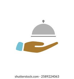 food serving icon, hand with food lid, simple flat style, illustration, logo sign symbol pictogram template, for ui or ux isolated on white for mobile app, editable