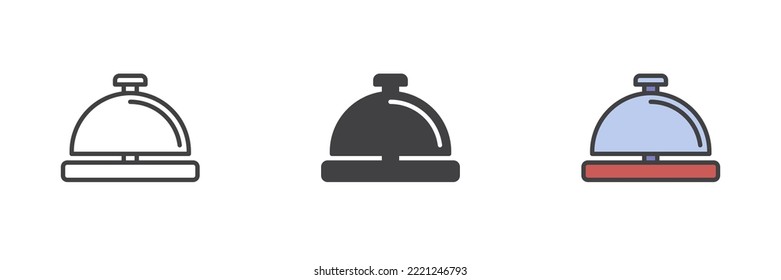 Juego de iconos de estilos diferentes para la bandeja de alimentos. Línea, glifo y contorno relleno versión colorida, contorno y signo vectorial relleno. Símbolo, ilustración del logotipo. Gráficos vectoriales
