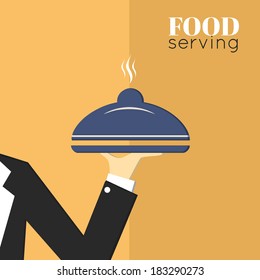 Food serving tray platter with waiter hand restaurant menu design template layout vector illustration