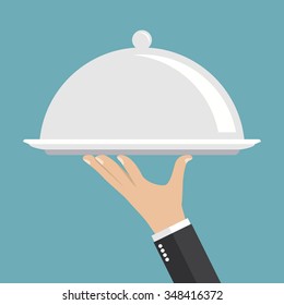 Food serving tray. Silver tray in hand waiter. Vector illustration, flat style.