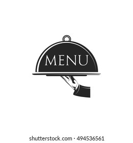 Food serving tray. Silver tray in hand waiter. Vector illustration. Menu label