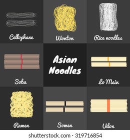 Food set. Asian noodles including soba, udon, ramen, rice, somen, wonton, cellophane, lo mein egg.