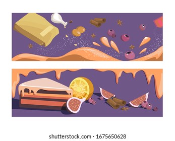 Food set of banners vector illustration. vertical banners with graphic hand drawn pastry ingredients for the cake. Let's make a cake.