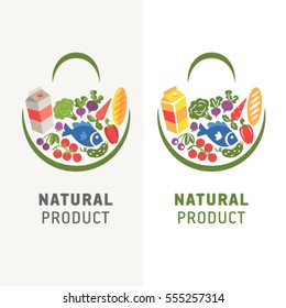 Food set in the basket. Flat vector logo design. Ready to printing