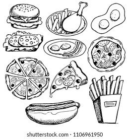 food set of black and white sketches, hand drawing, vector illustration