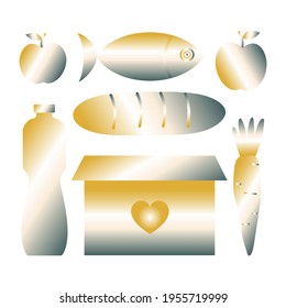 Food set and box in trendy gradient colors. Food donations. Charity food set: bread, milk, fruits and vegetables. Humanitarian volunteer assistance. Vector graphics.