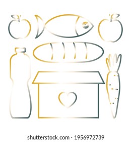 Food set and box in trendy gradient colors contour. Food donations. Charity food set: bread, milk, fruits and vegetables, fish. Humanitarian volunteer assistance. Vector graphics.