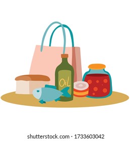 food set bread, butter, fish, shopping bag, isolated object on a white background, vector illustration,