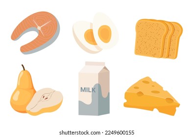 food set bread eggs cheese milk steak salmon and pear