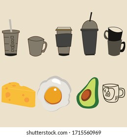 Food set. Breakfast set. Drink set. Stock vector illustration.