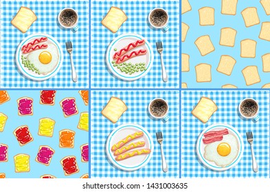 Food set. Breakfast on blue checkered tablecloth. Fried eggs, coffee, bacon, toasts, sausages.Colored jam sandwich seamless pattern. Vector illustration